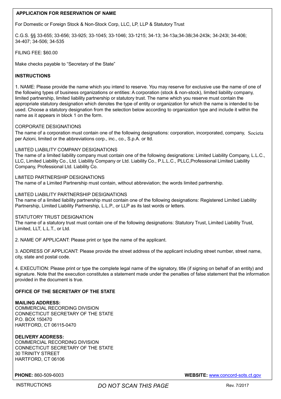 Application for Reservation of Name for Domestic or Foreign Stock  Nonstock Corp, LLC, Lp, LLP  Statutory Trust - Connecticut, Page 2