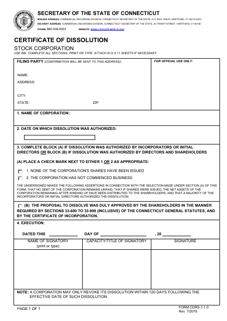Form CDRS-1-1.0 Certificate of Dissolution - Stock Corporation - Connecticut