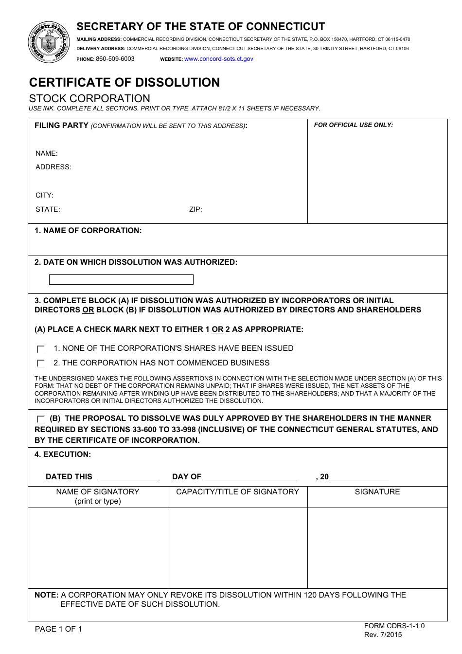 Form CDRS-1-1.0 Certificate of Dissolution - Stock Corporation - Connecticut, Page 1