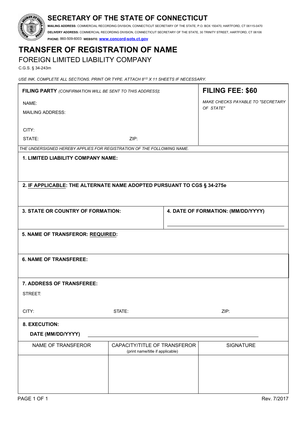 Transfer of Registration of Name - Foreign Limited Liability Company - Connecticut, Page 1