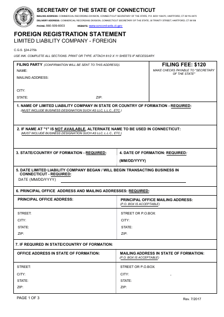 Foreign Registration Statement Form - Limited Liability Company - Foreign - Connecticut