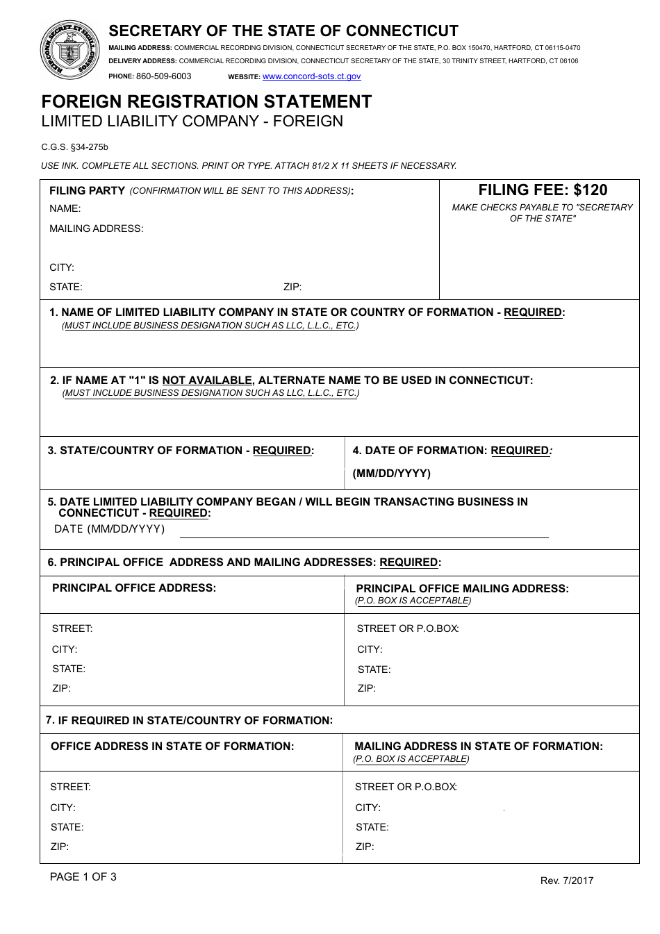 Foreign Registration Statement Form - Limited Liability Company - Foreign - Connecticut, Page 1