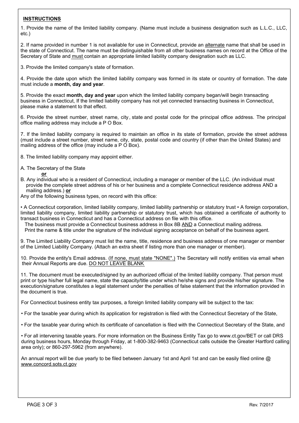 Foreign Registration Statement Form - Limited Liability Company - Foreign - Connecticut, Page 3