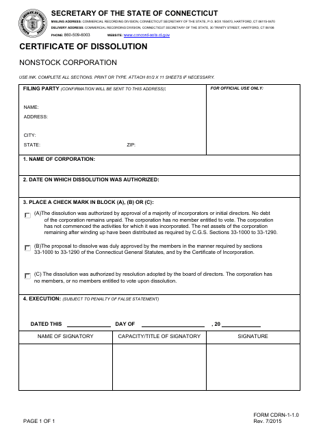 Form CDRN-1-1.0 Certificate of Dissolution - Nonstock Corporation - Connecticut