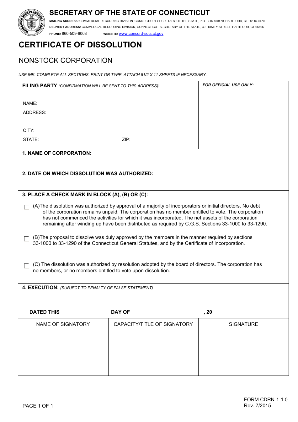 Form CDRN-1-1.0 Certificate of Dissolution - Nonstock Corporation - Connecticut, Page 1