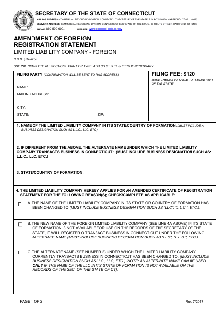 Amendment of Foreign Registration Statement - Limited Liability Company - Foreign - Connecticut