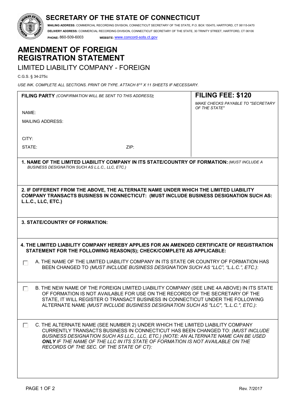 Amendment of Foreign Registration Statement - Limited Liability Company - Foreign - Connecticut, Page 1