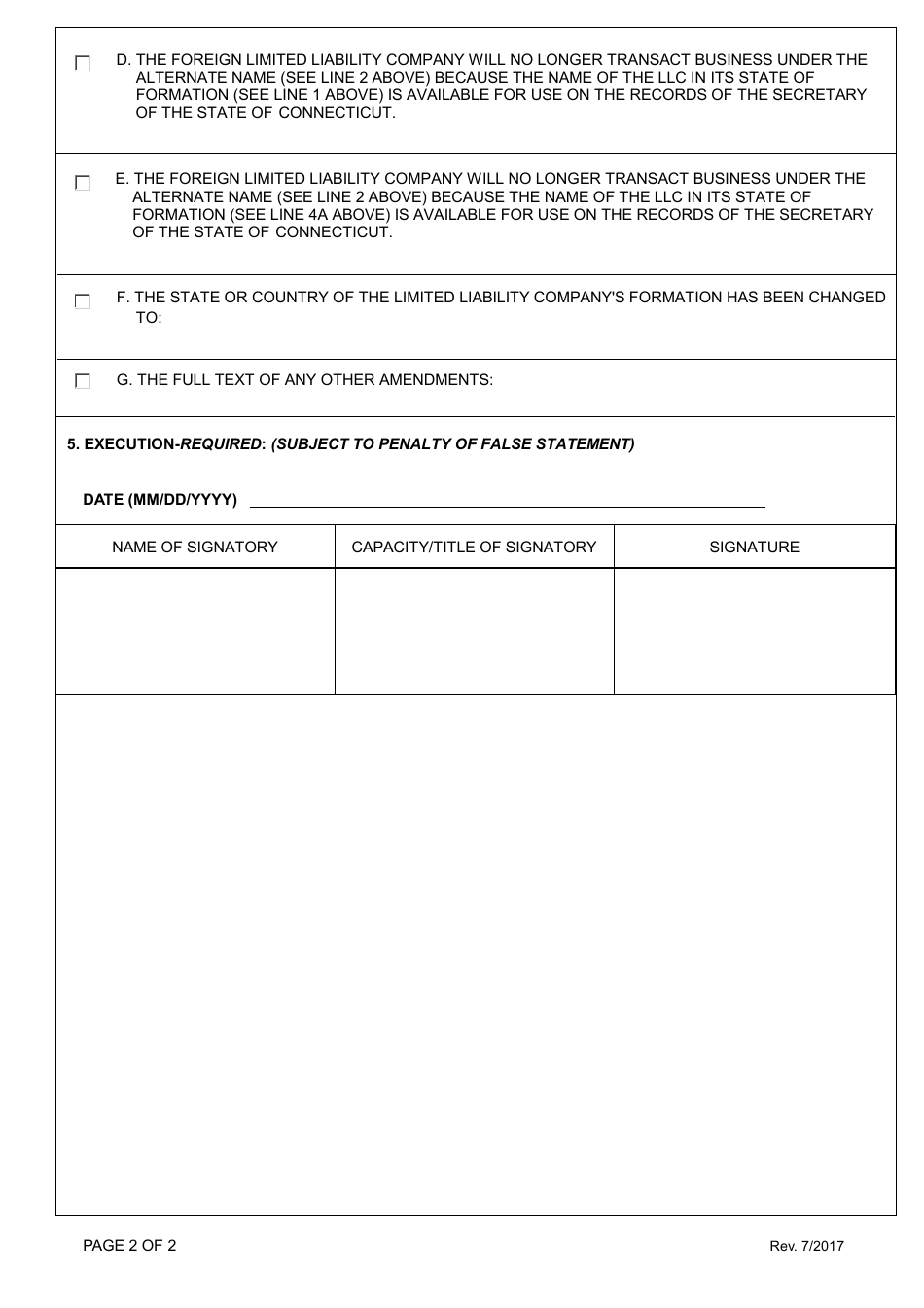 Amendment of Foreign Registration Statement - Limited Liability Company - Foreign - Connecticut, Page 2