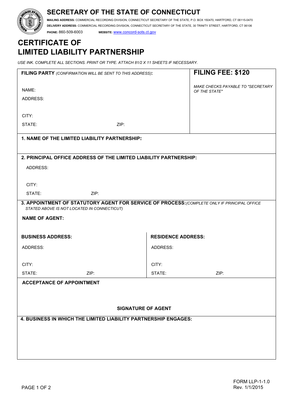 Form LLP-1-1.0 Certificate of Limited Liability Partnership - Connecticut, Page 1