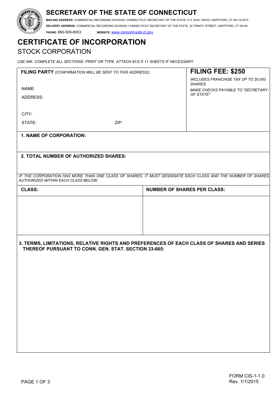Form CIS-1-1.0 Certificate of Incorporation - Stock Corporation - Connecticut, Page 1