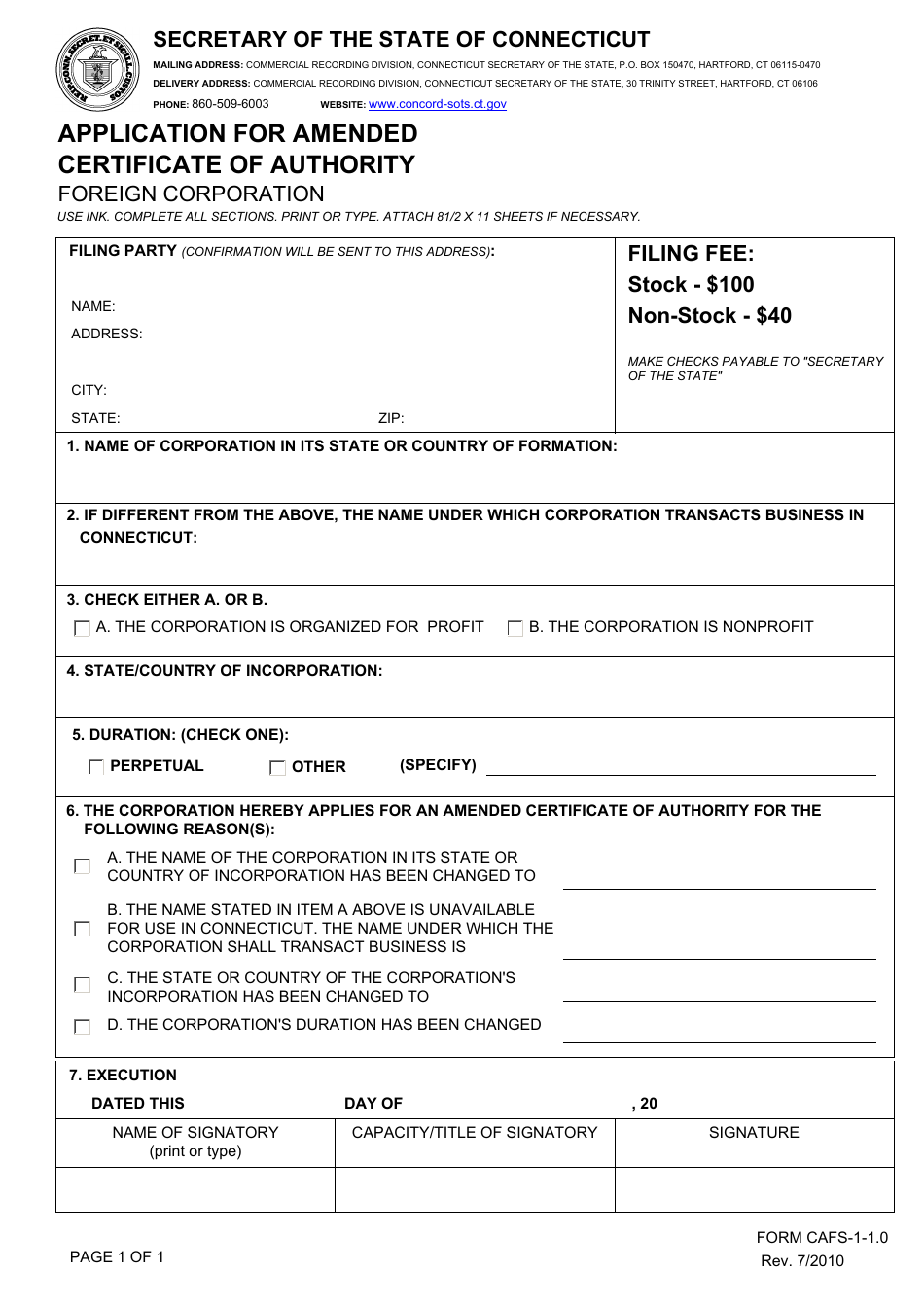 Form CAFS-1-1.0 Application for Amended Certificate of Authority - Foreign Corporation - Connecticut, Page 1