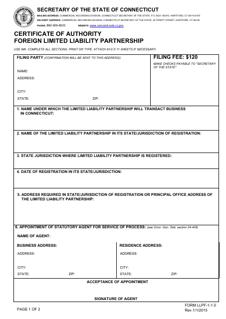 Form LLPF-1-1.0 Certificate of Authority - Foreign Limited Liability Partnership - Connecticut