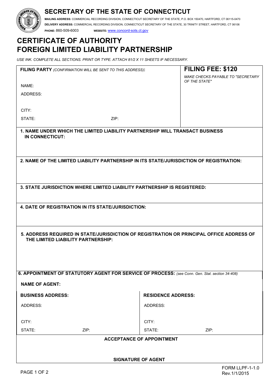 Form LLPF-1-1.0 Certificate of Authority - Foreign Limited Liability Partnership - Connecticut, Page 1