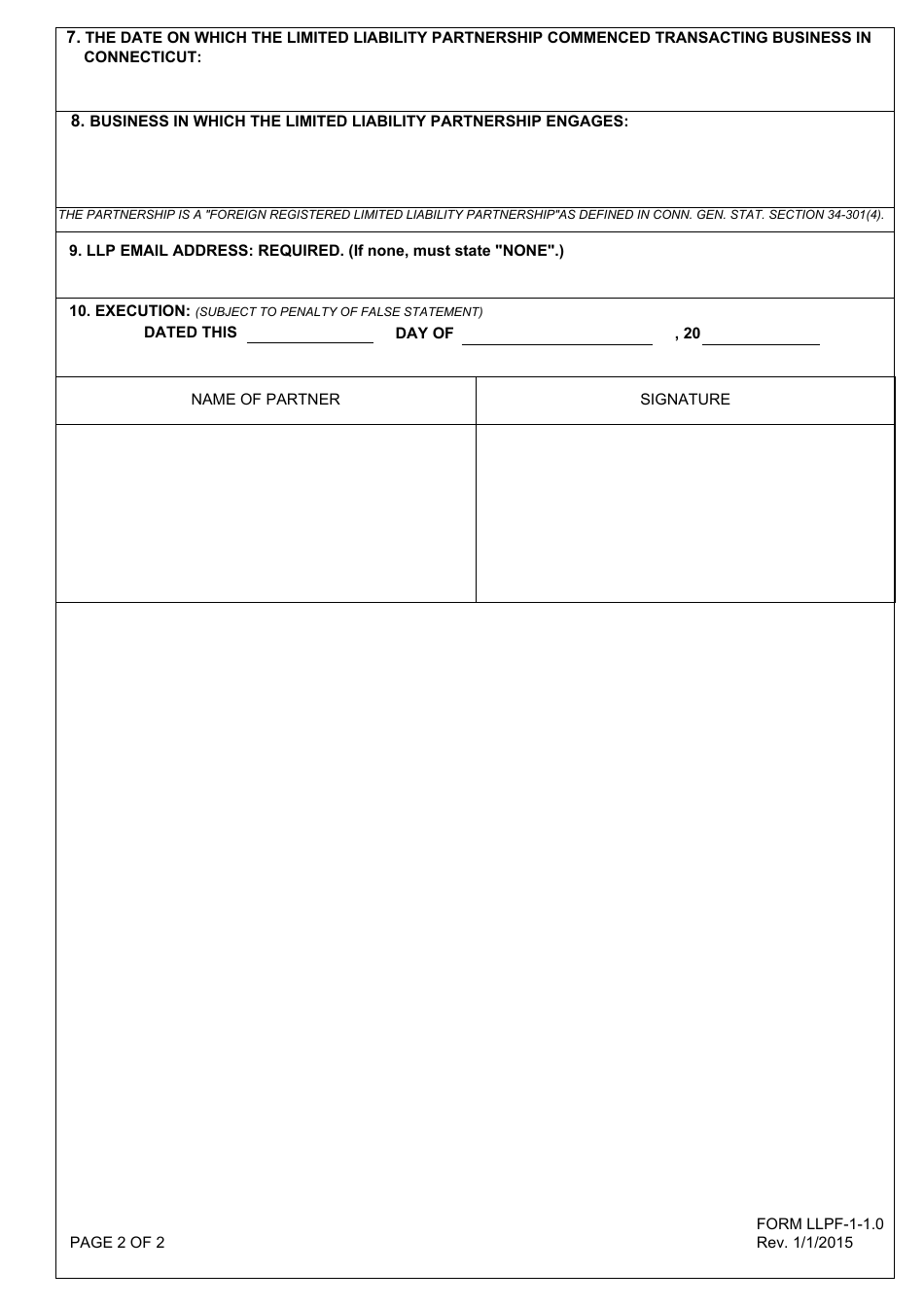 Form LLPF-1-1.0 Certificate of Authority - Foreign Limited Liability Partnership - Connecticut, Page 2