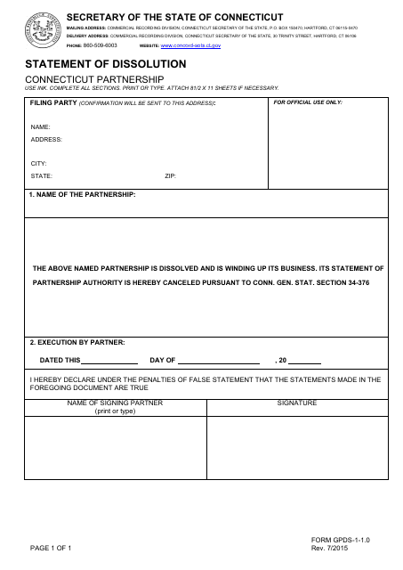 Form GPDS-1-1.0 Statement of Dissolution - Connecticut Partnership - Connecticut