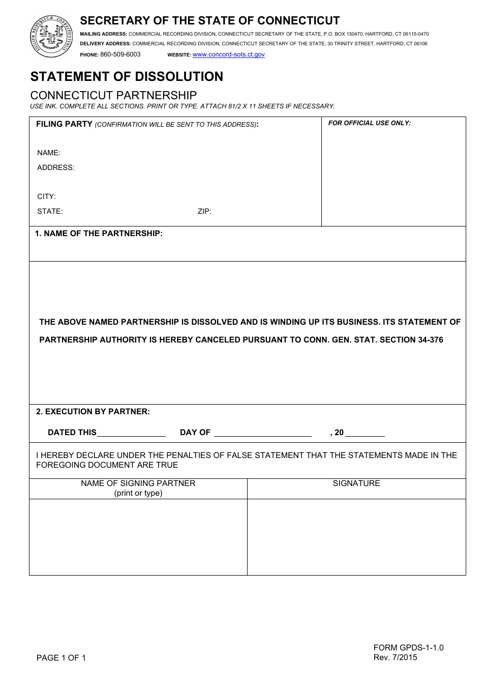 Form GPDS-1-1.0 Statement of Dissolution - Connecticut Partnership - Connecticut, Page 1
