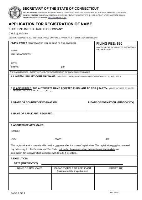 Connecticut Application For Registration Of Name Foreign Limited