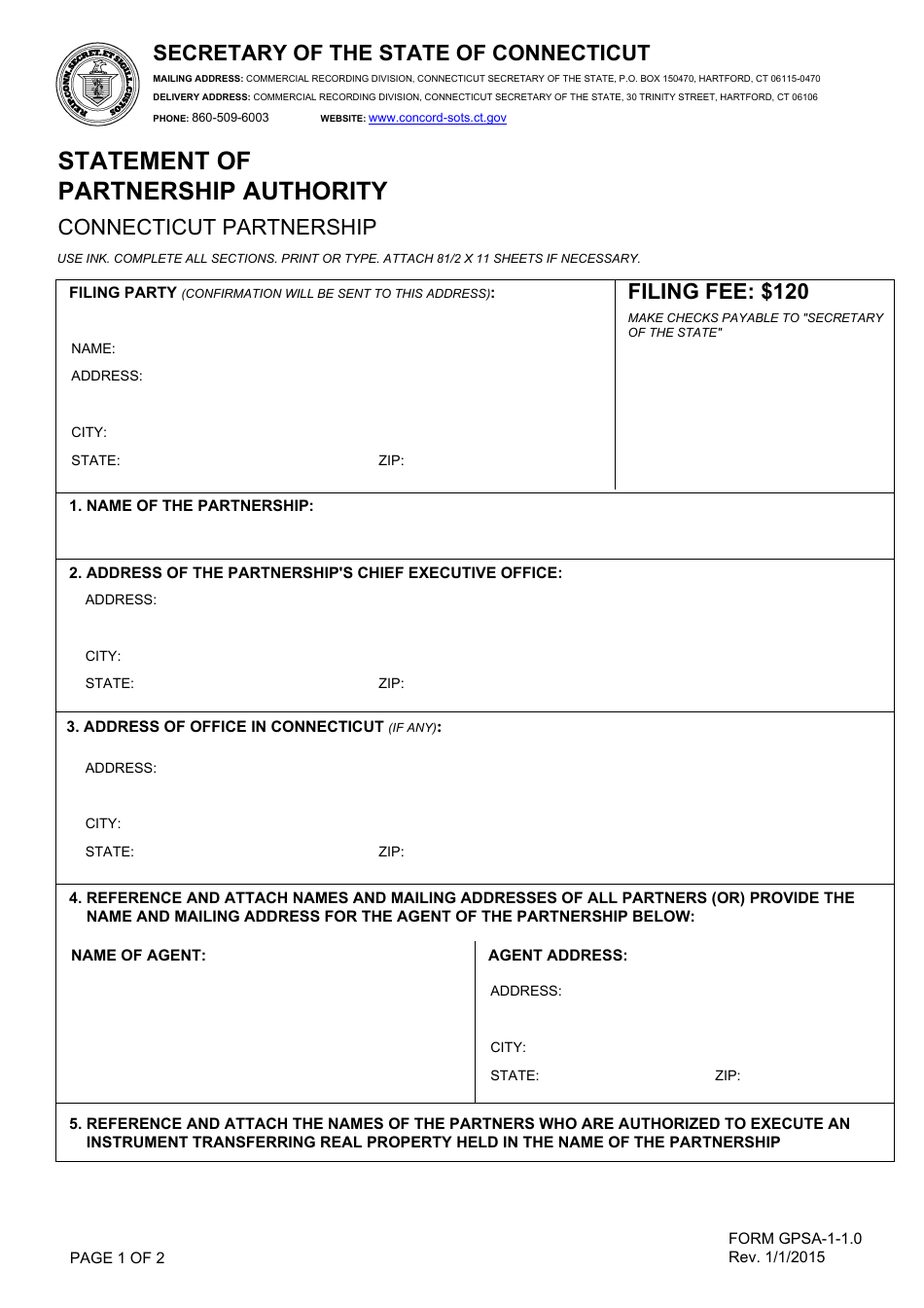 Form GPSA-1-1.0 Statement of Partnership Authority - Connecticut Partnership - Connecticut, Page 1