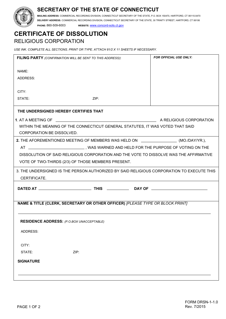 Form DRSN-1-1.0 Certificate of Dissolution - Religious Corporation - Connecticut, Page 1
