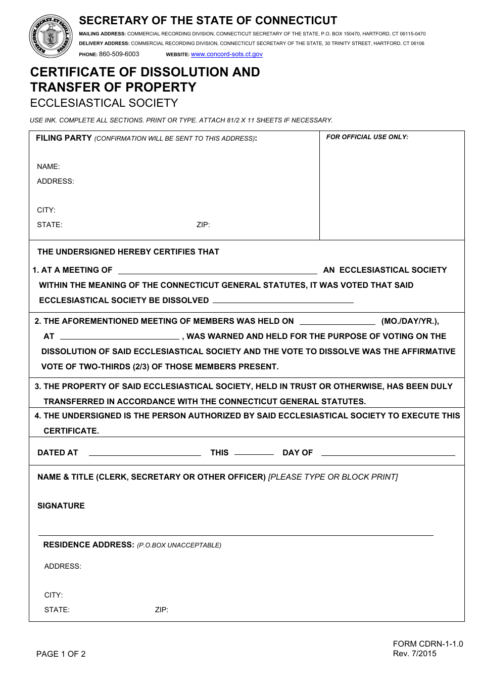 Form CDRN-1-1.0 Certificate of Dissolution and Transfer of Property - Ecclesiastical Society - Connecticut, Page 1