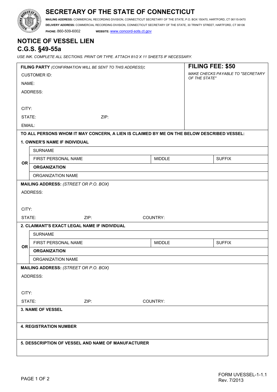 Form UVESSEL-1-1.1 Notice of Vessel Lien - Connecticut, Page 1