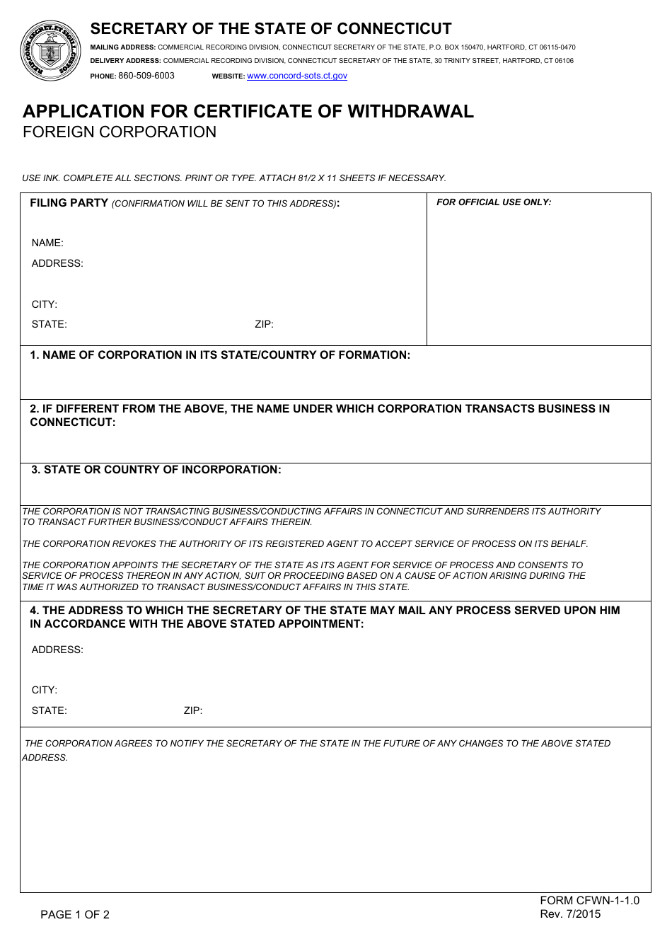 Form CFWN-1-1.0 Application for Certificate of Withdrawal - Foreign Corporation - Connecticut, Page 1