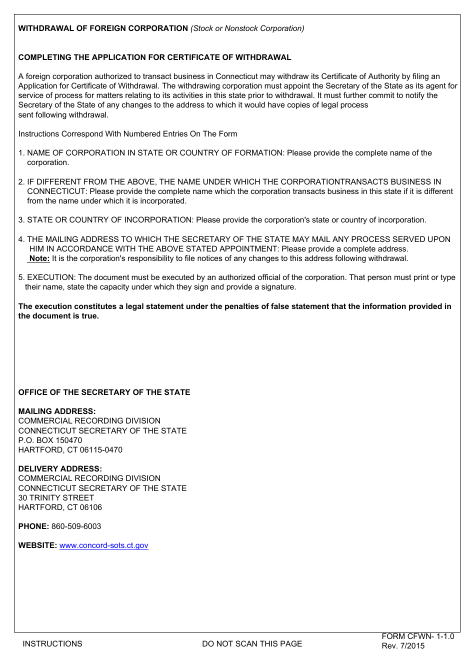 Form CFWN-1-1.0 Application for Certificate of Withdrawal - Foreign Corporation - Connecticut, Page 3