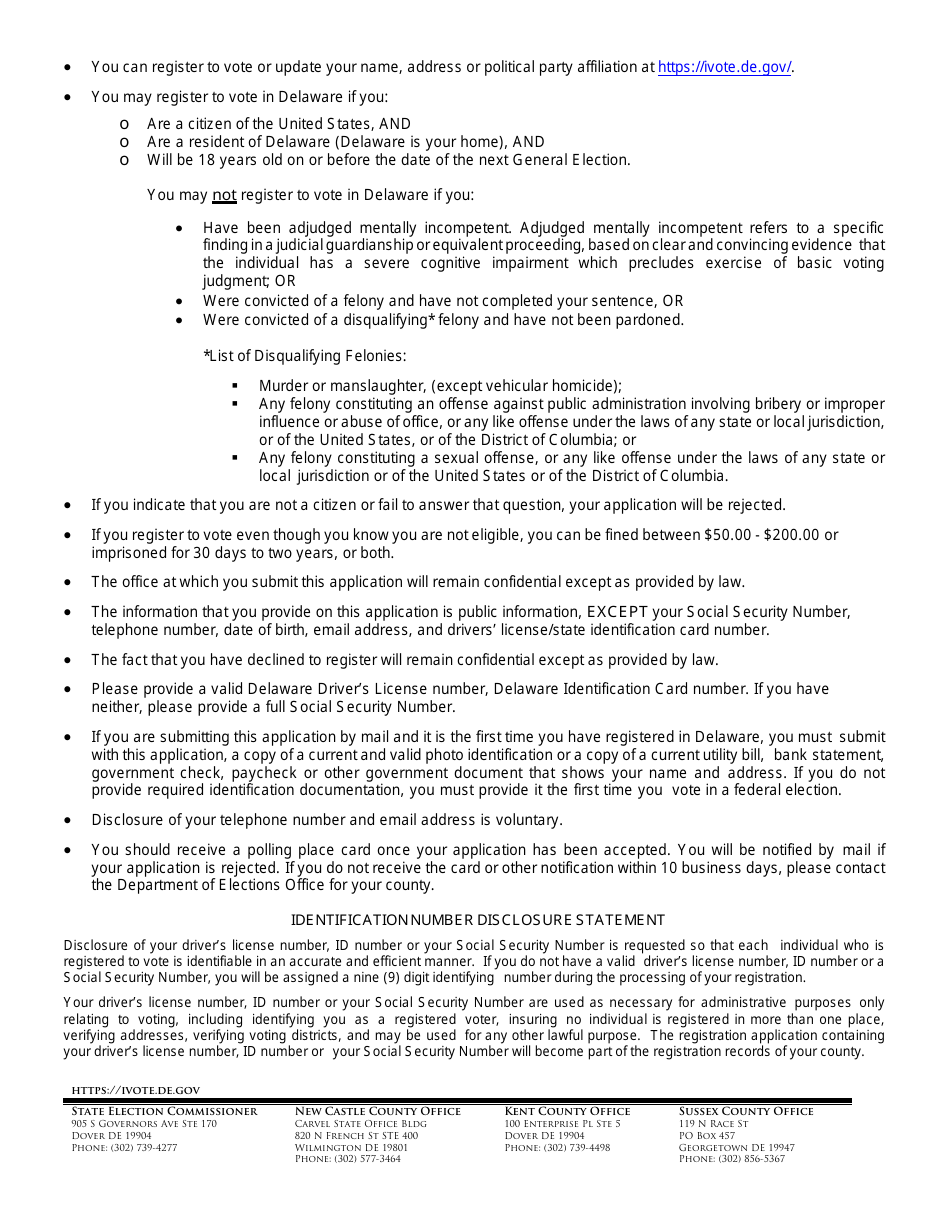 Form VRFM007 All-in-one Form to Register to Vote or Update Your Information - Delaware, Page 2