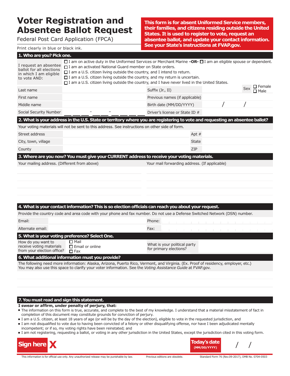 Form SF-76 Federal Post Card Application for Overseas Citizen and Military Voters, Page 1