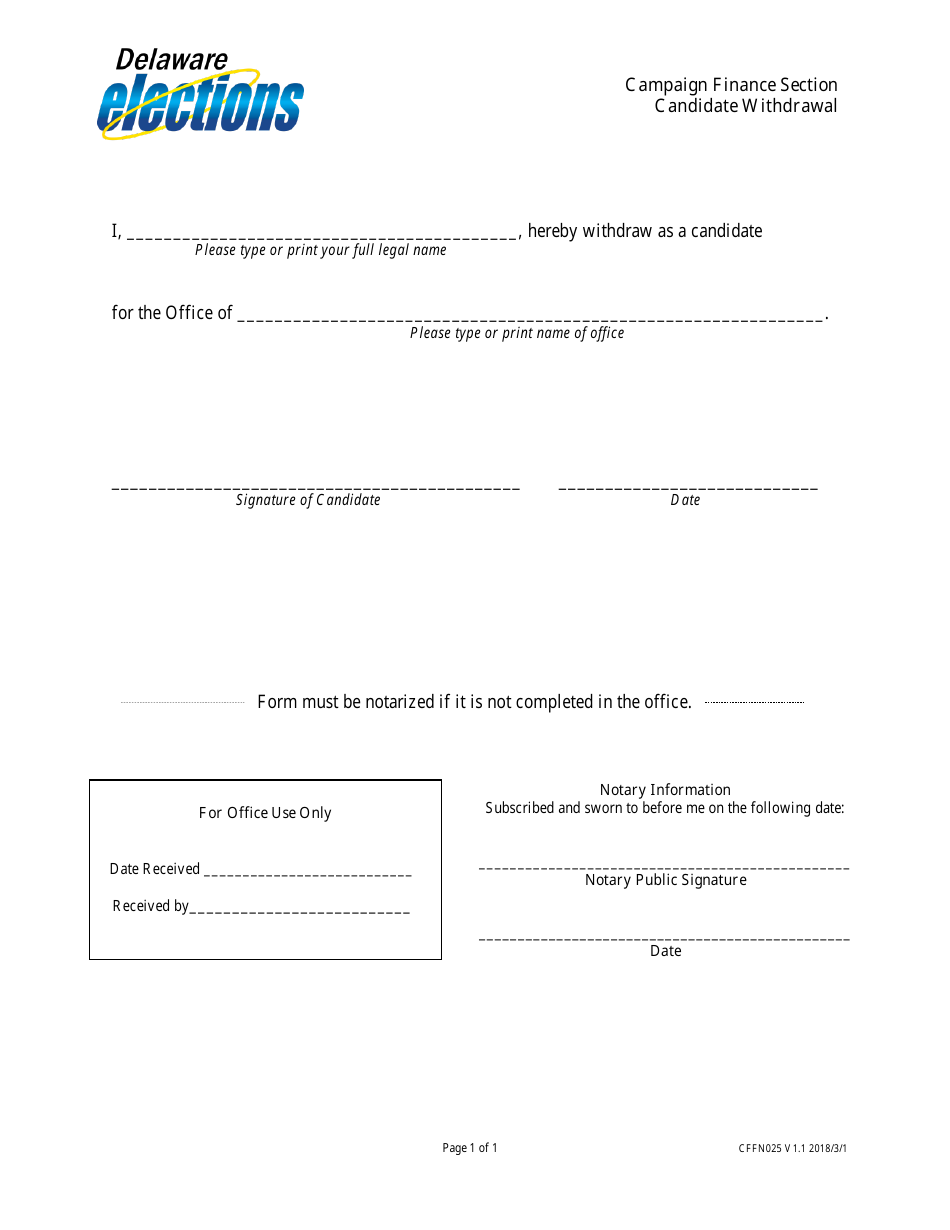 Form CFFN025 Candidate Withdrawal - Delaware, Page 1