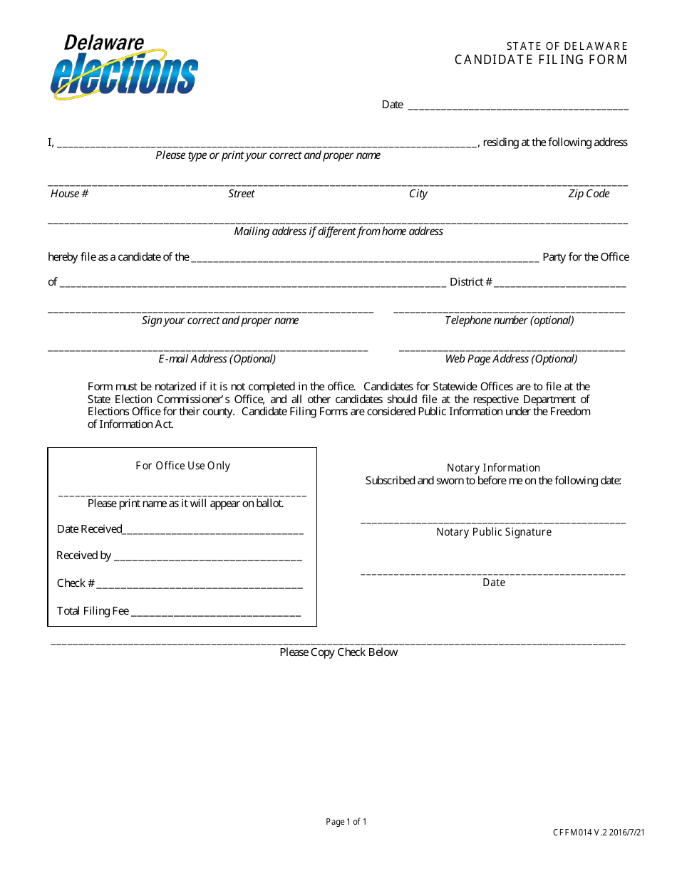Form CFFM014 Candidate Filing Form - Delaware, Page 1