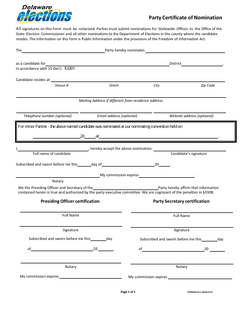 Form CFFN018 Party Certificate of Nomination - Delaware