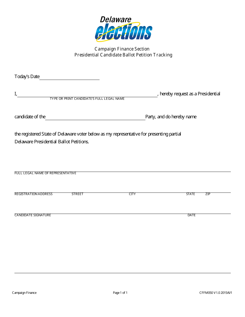 Form CFFM050 Presidential Candidate Ballot Petition Tracking - Delaware, Page 1