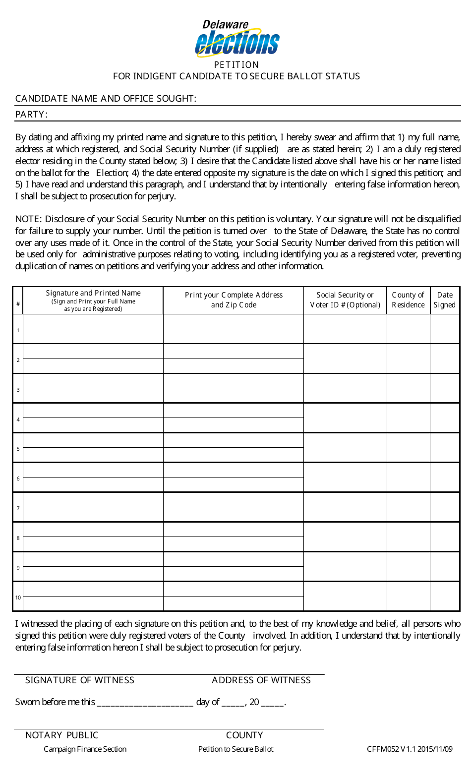 Form CFFM052 Petition for Indigent Candidate to Secure Ballot Status - Delaware, Page 1