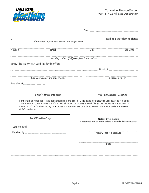 Form CFFN023 Write in Candidate Declaration - Delaware