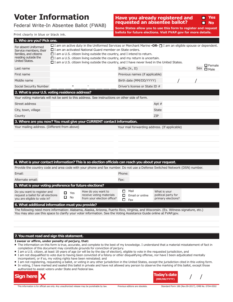 Form SF-186 Federal Write-In Absentee Ballot (Fwab), Page 2