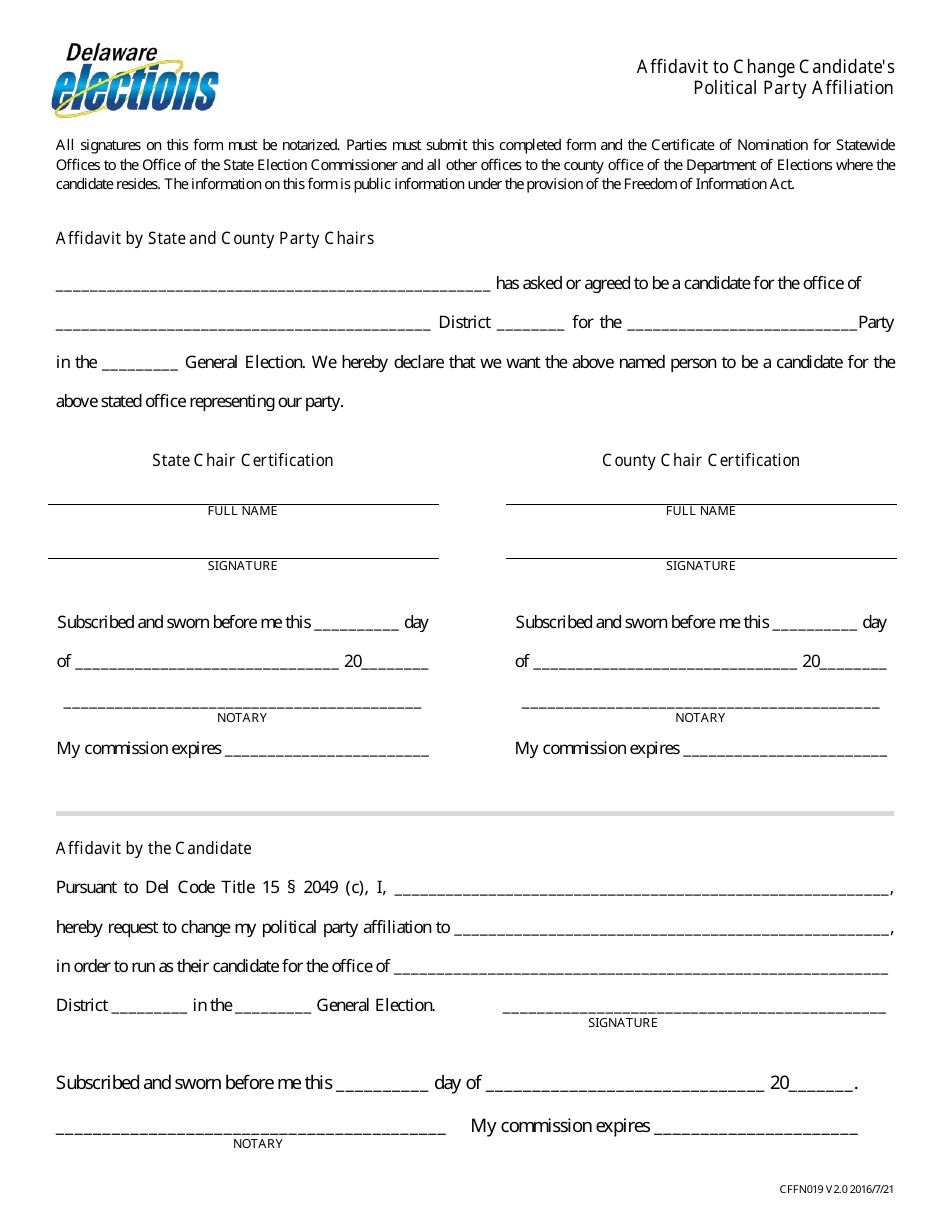 Form CFFN019 Affidavit to Change Candidates Political Party Affiliation - Delaware, Page 1