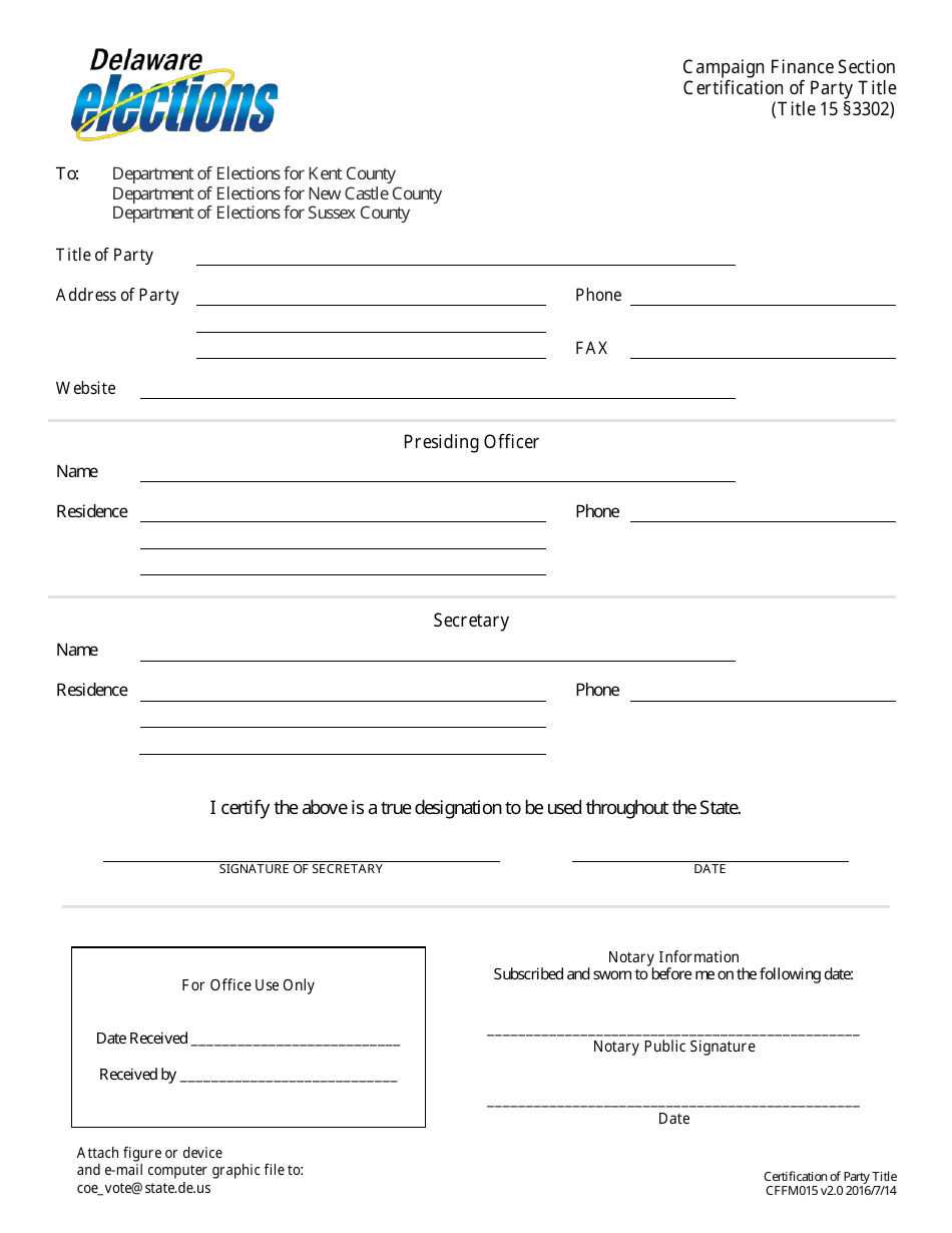 Form CFFM015 Certification of Party Title - Delaware, Page 1
