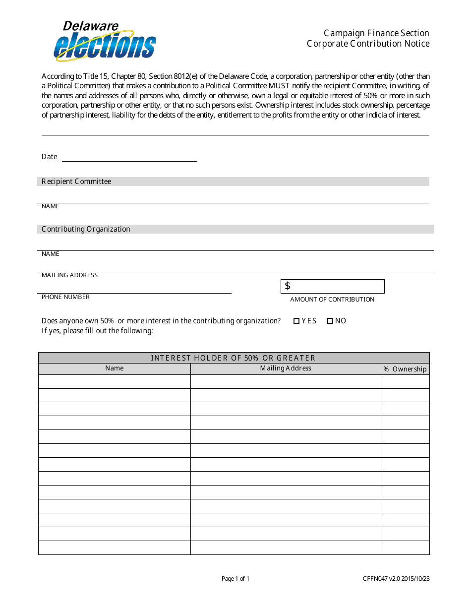 Form CFFN047 Corporate Contribution Notice - Delaware, Page 1