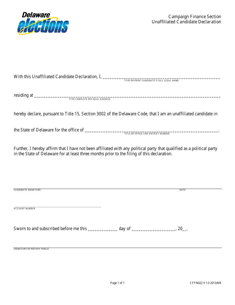 Form CFFN022 Unaffiliated Candidate Declaration - Delaware, Page 1