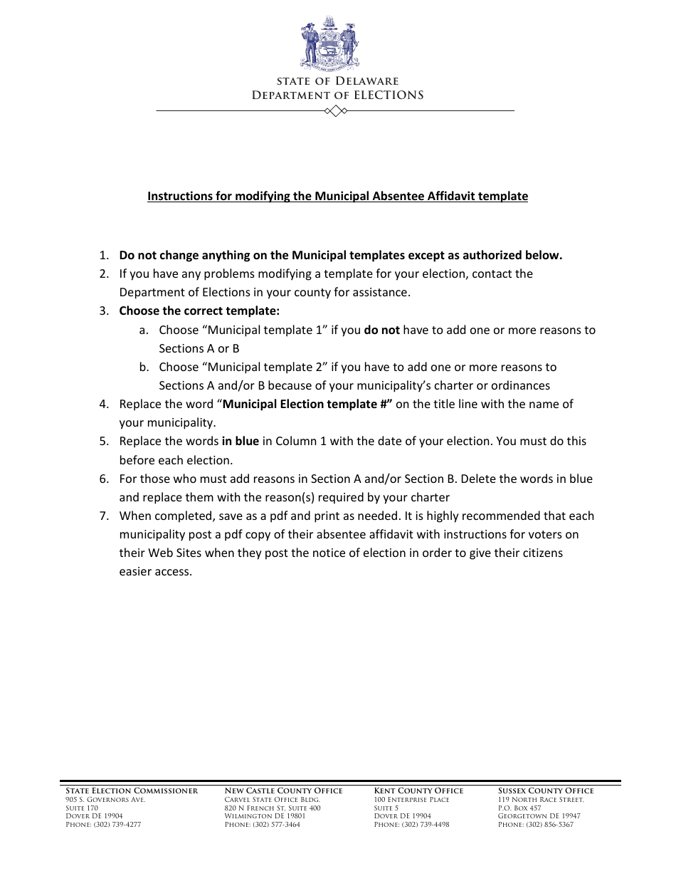 Instructions for Modifying the Municipal Absentee Affidavit Template - Delaware, Page 1