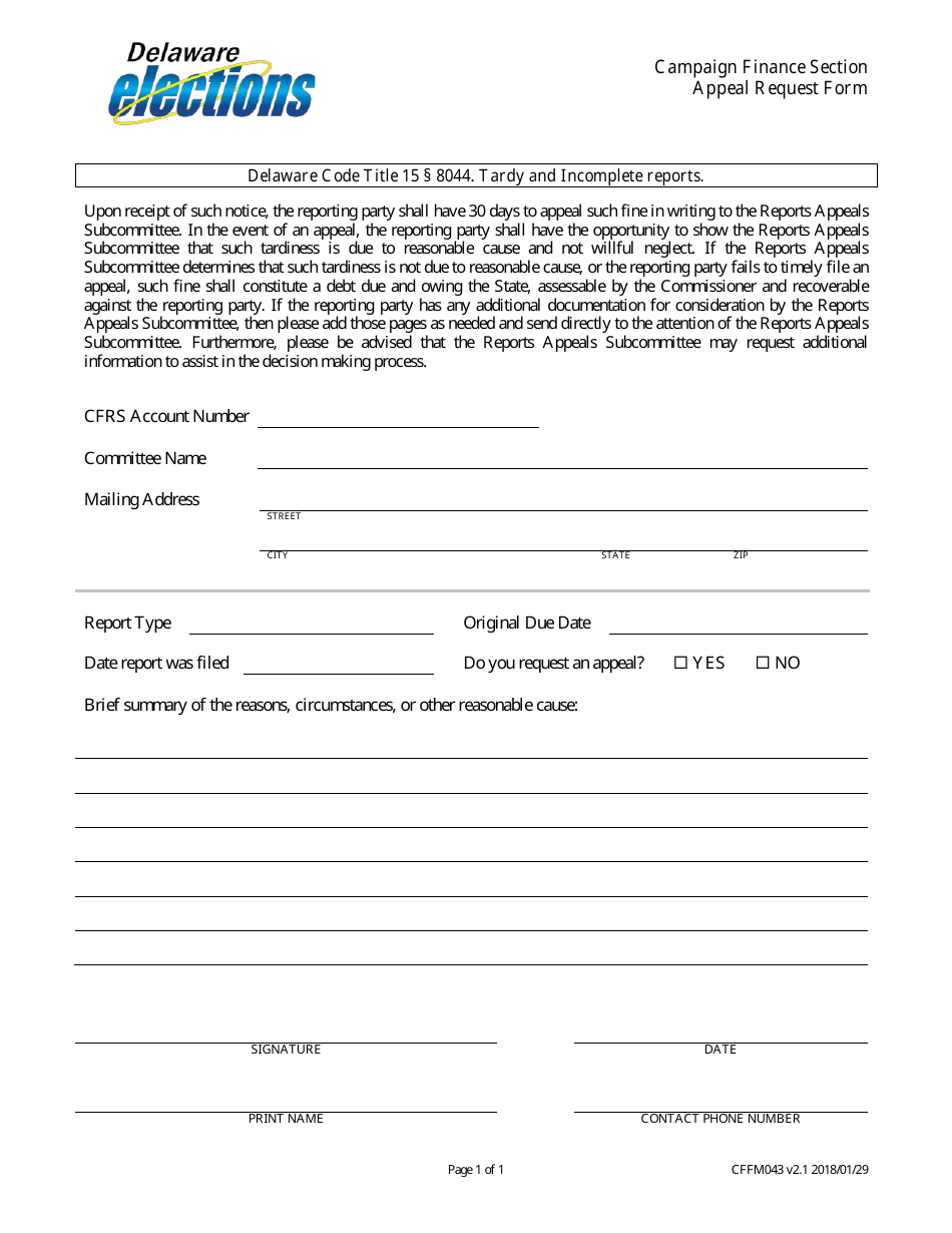 Form CFFM043 Appeal Request Form - Delaware, Page 1