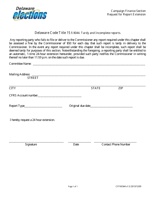 Form CFFM044 Request for Report Extension - Delaware