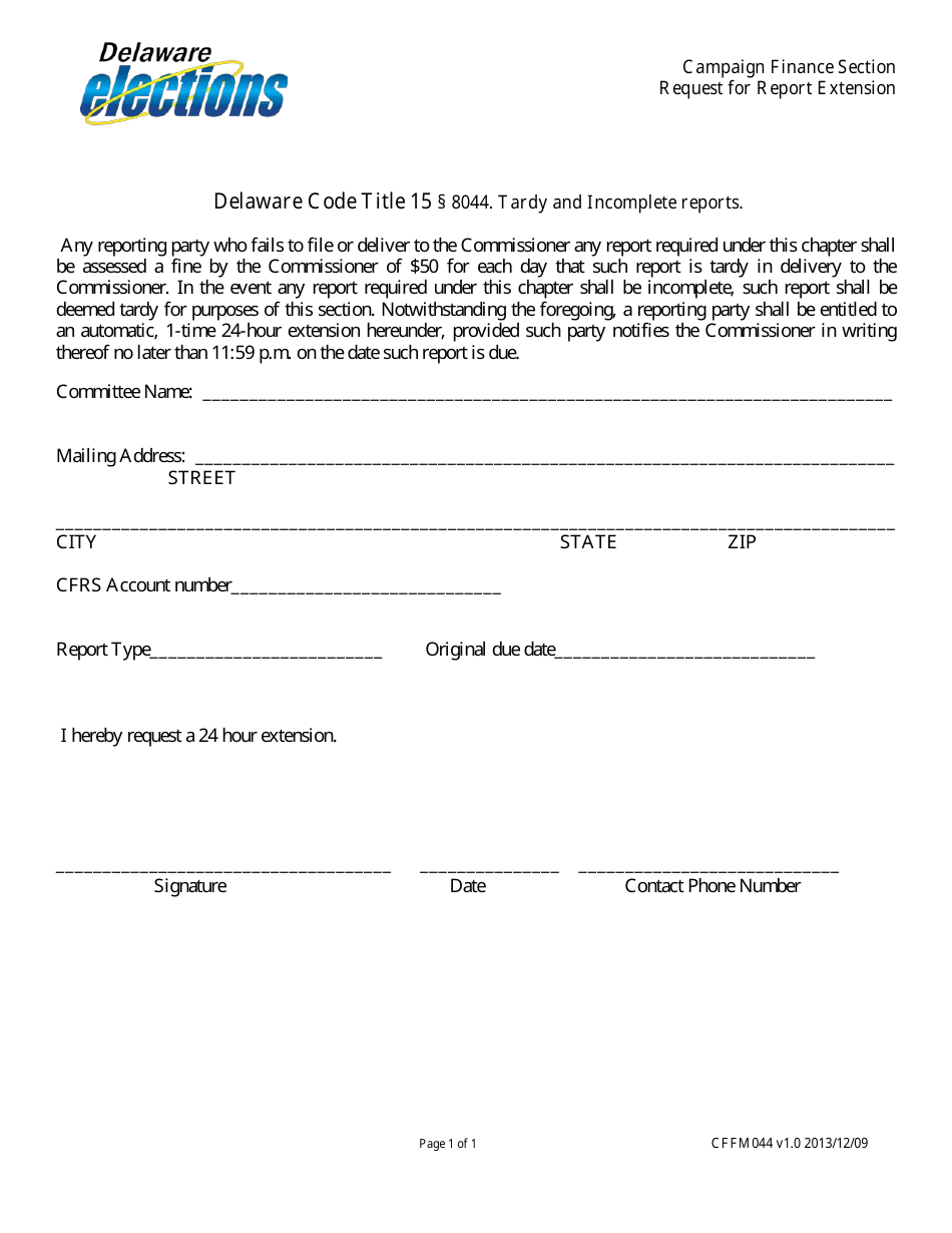 Form CFFM044 Request for Report Extension - Delaware, Page 1