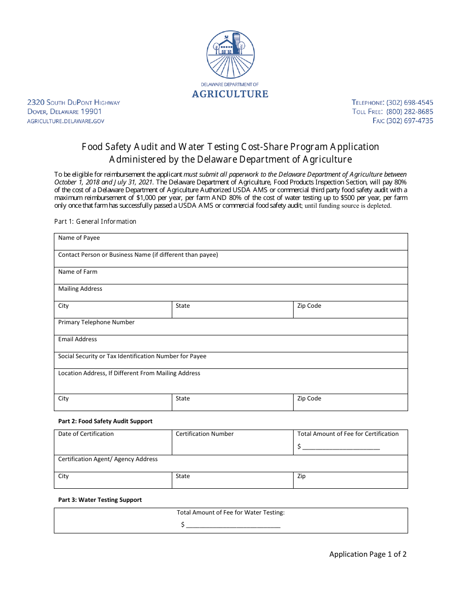Food Safety Audit and Water Testing Cost-Share Program Application Form - Delaware, Page 1