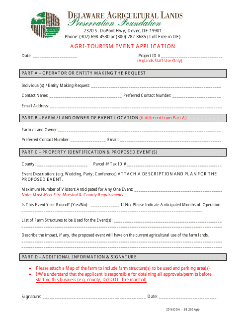Form DDA-SB260 Agri-Tourism Event Application - Delaware