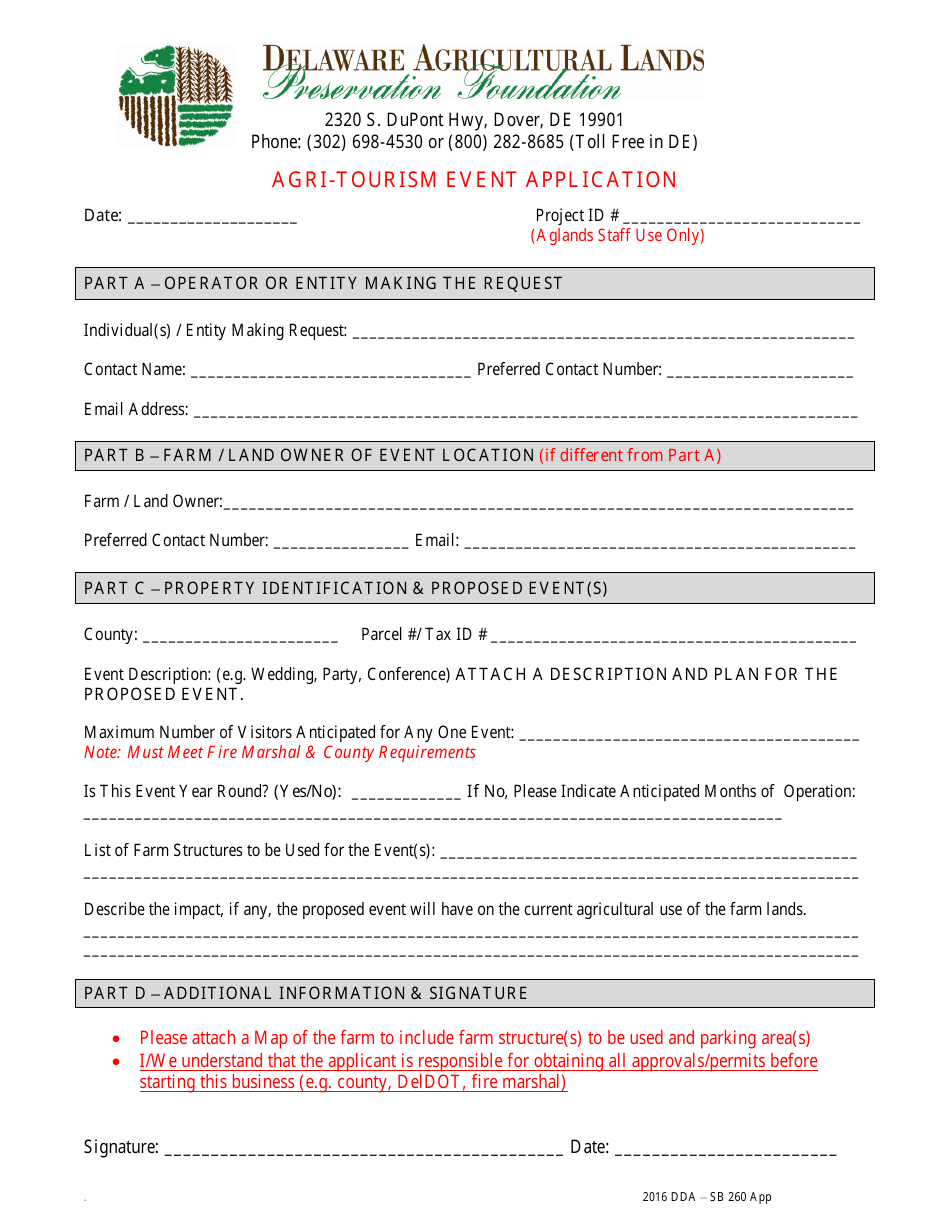 Form DDA-SB260 Agri-Tourism Event Application - Delaware, Page 1