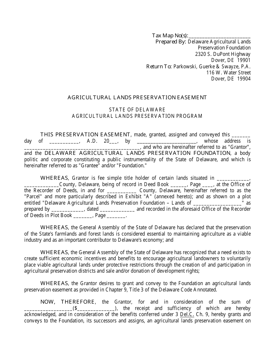 Sample Agricultural Lands Preservation Easement Agreement - Delaware, Page 1