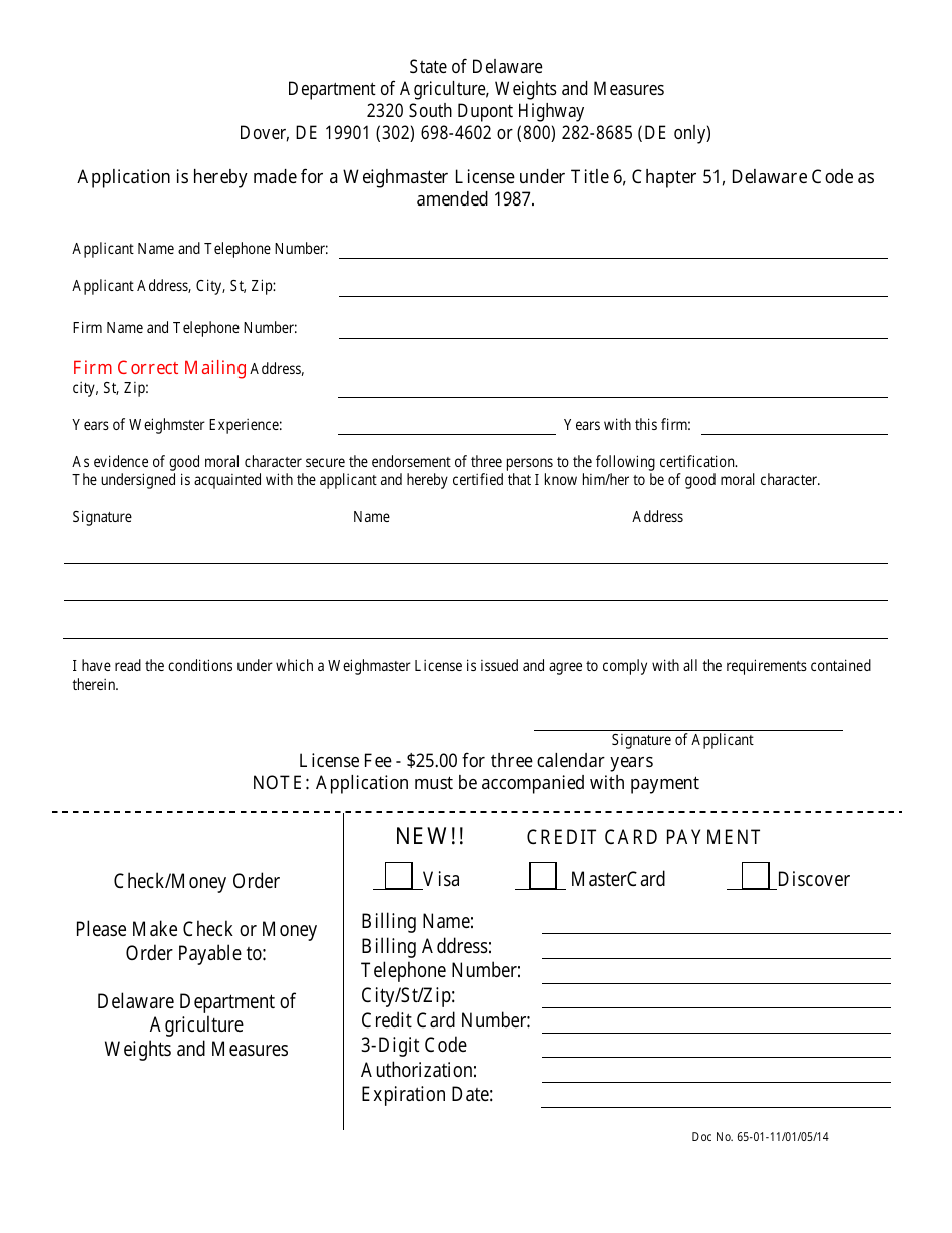 Application Is Hereby Made for a Weighmaster License Under Title 6, Chapter 51, Delaware Code as Amended 1987 - Delaware, Page 1