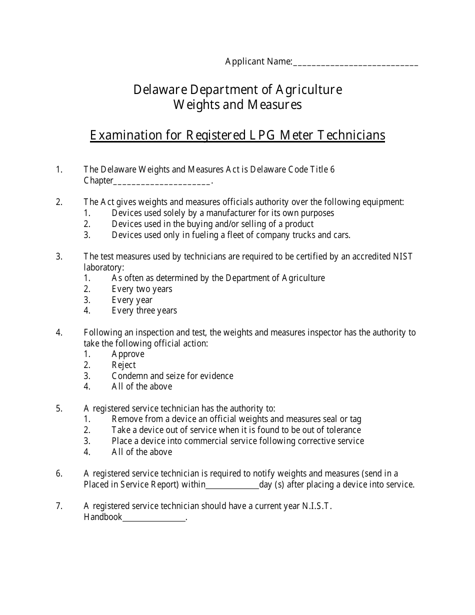 Examination for Registered Lpg Meter Technicians - Delaware, Page 1